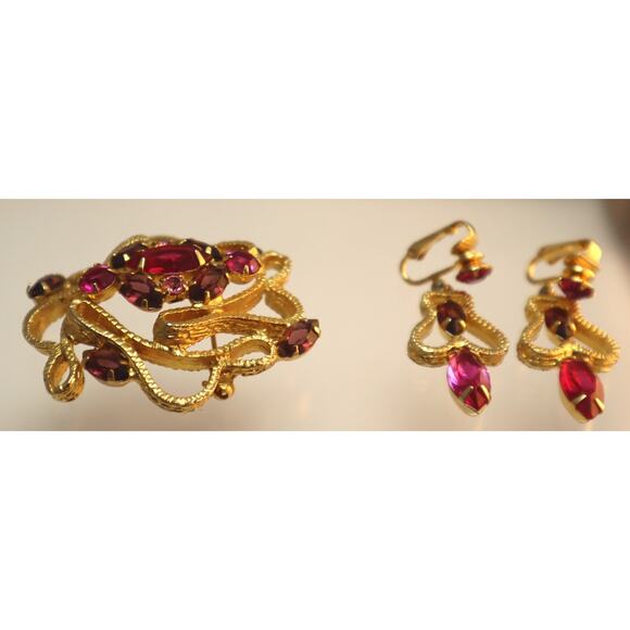 Pink Purple Rhinestone Abstract Squiggly Brooch Pin Set Vintage - Picture 6 of 8